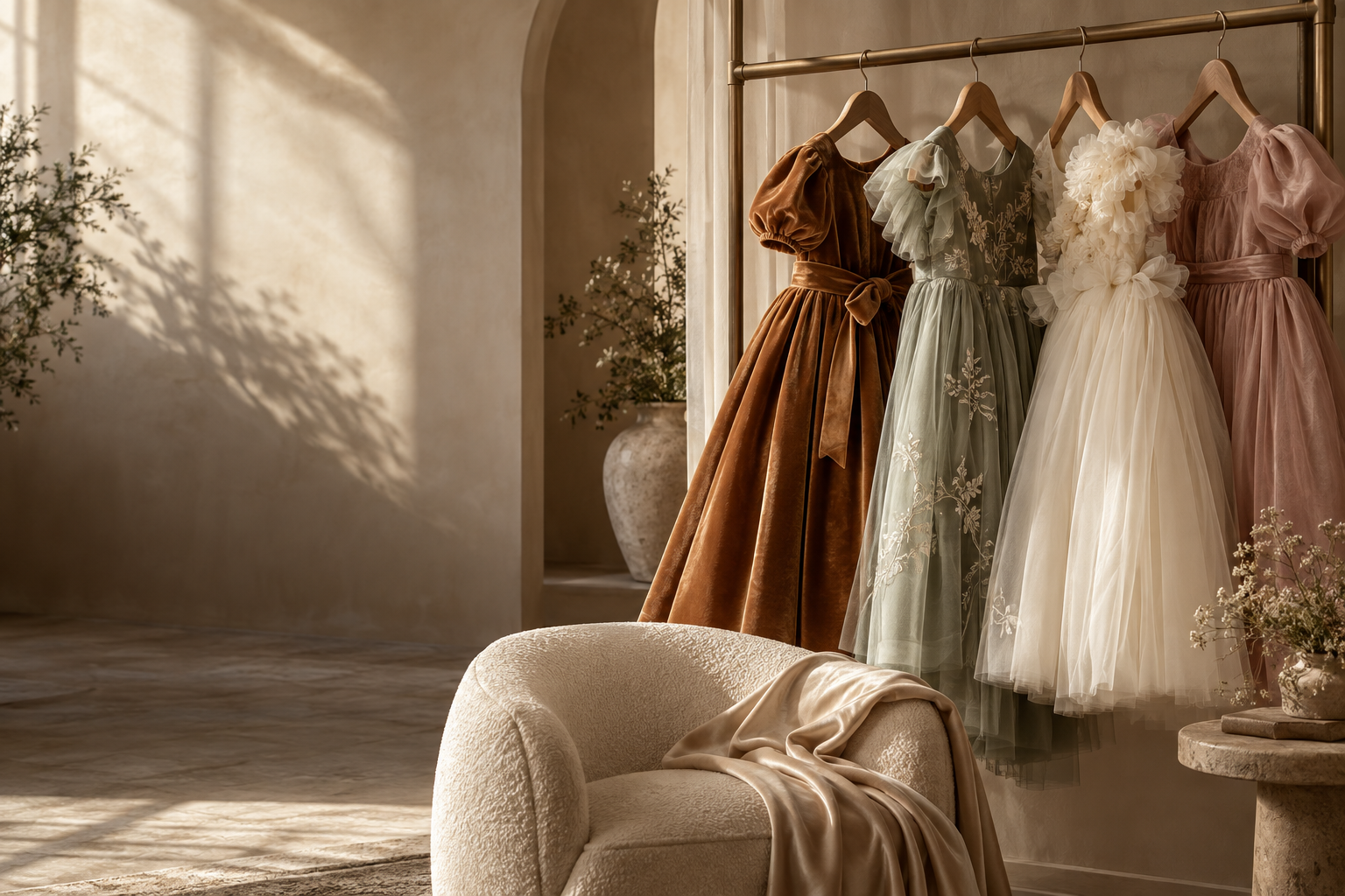 Veshje elegante në nuanca karamel, krem dhe sherebele, në një atelier fotografik