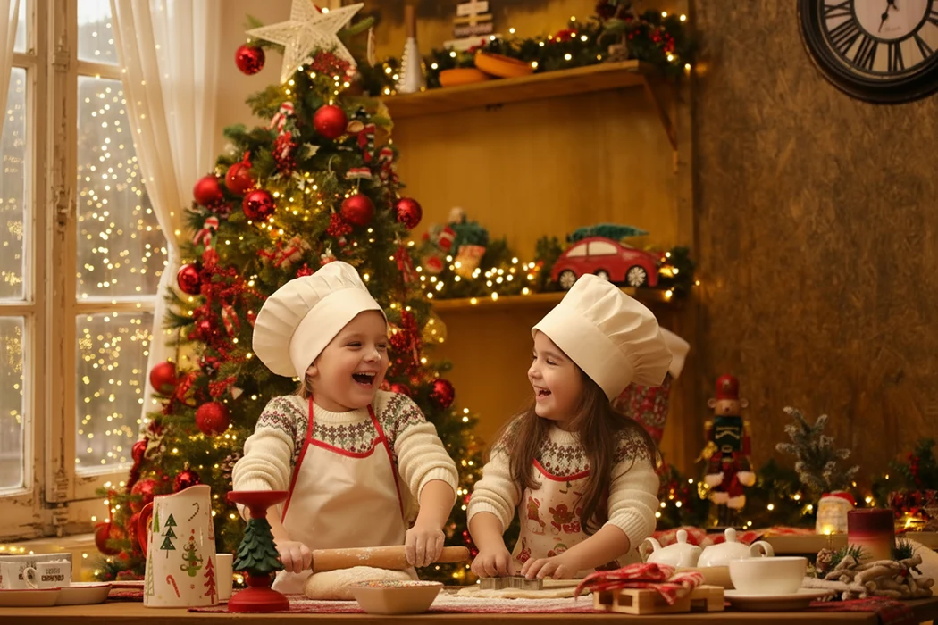 Dy fëmijë duke përgatitur biskota në skenografinë festive të studios.