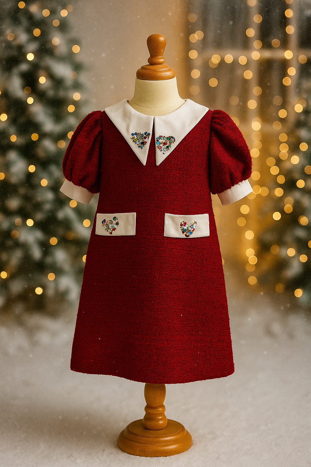 Fustan i kuq festiv me jakë të bardhë